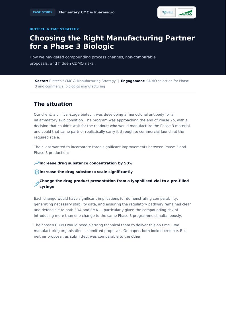 Cover of the Phase 3 biologic CDMO selection case study